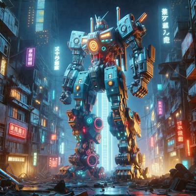 The primary subject of the image is a large robot, which is the main focus of the scene. The robot is standing in the middle of a city, surrounded by tall buildings and neon lights. The visual style of the image is digital art, as it appears to be a computer-generated or digitally rendered scene. The colors and mood of the image are vibrant and energetic, with the neon lights and the robot's presence creating a futuristic and dynamic atmosphere.